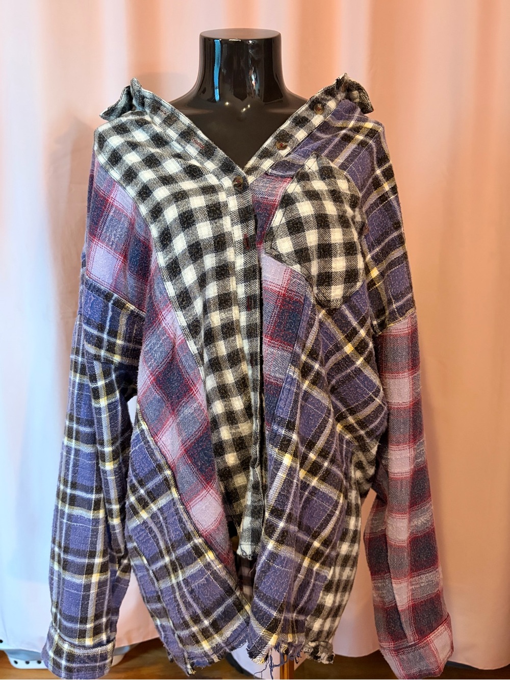 BDG Black, White, Purple Plaid Hooded Flannel